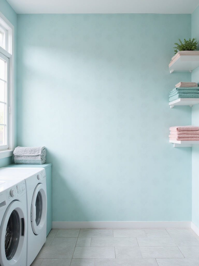 Calming pastel blue geometric wallpaper in a laundry room with white appliances and shelves.