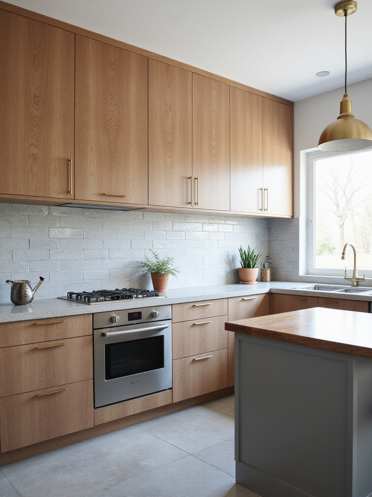 Modern kitchen with brown cabinets and grey quartz countertops