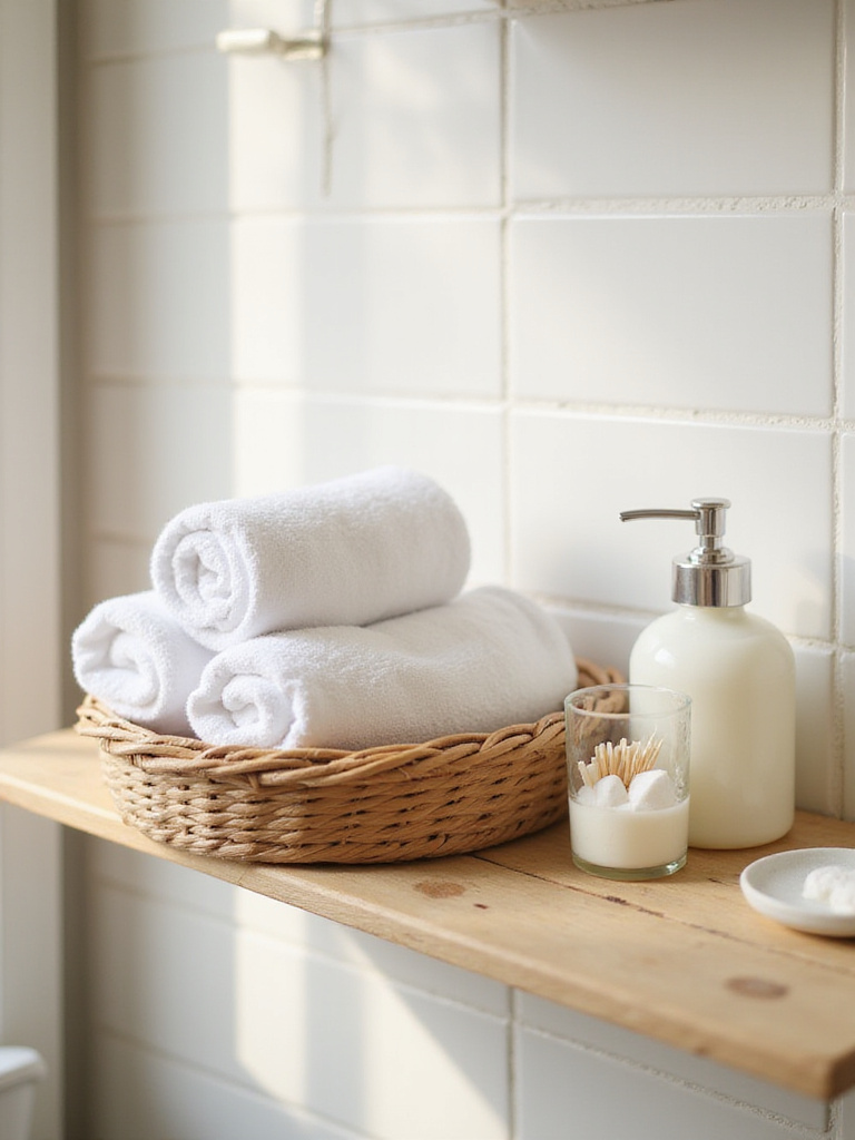 Rolled white face cloths in a woven basket on a bathroom shelf, creating a spa-like atmosphere.