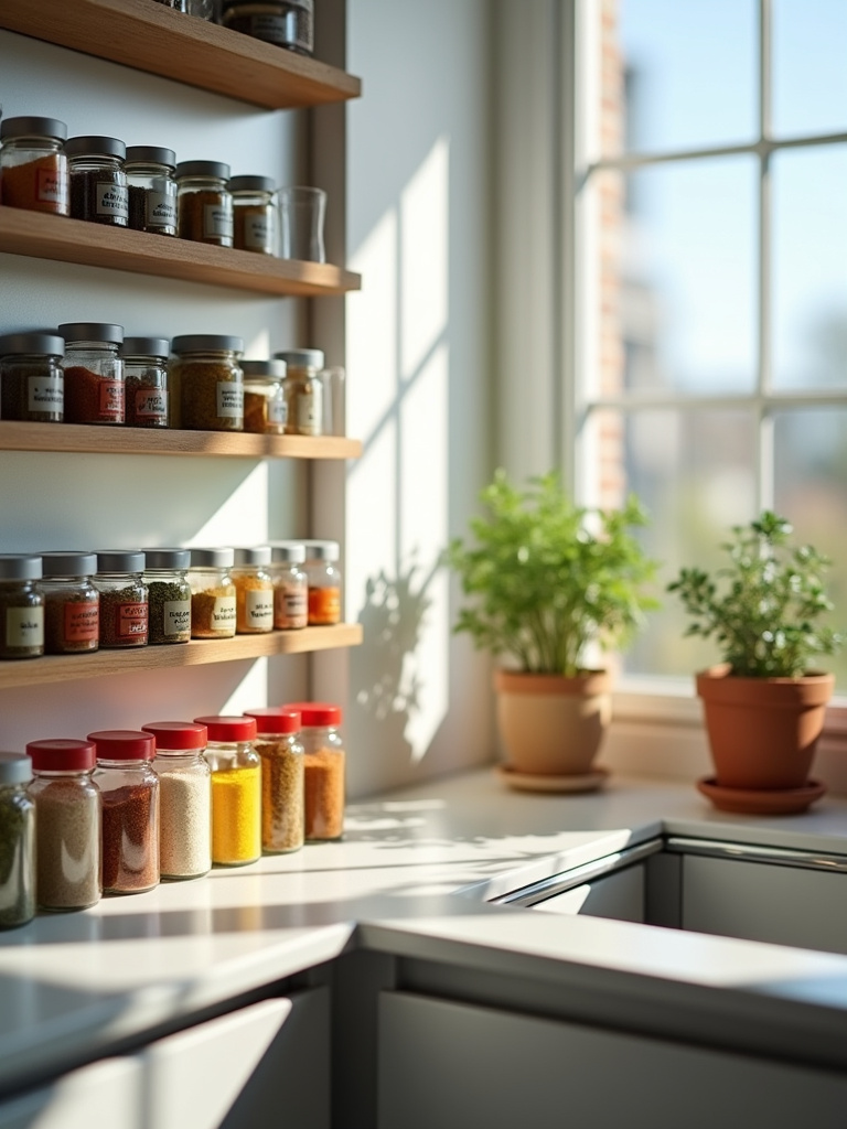Organized spice rack with glass jars on a kitchen countertop.