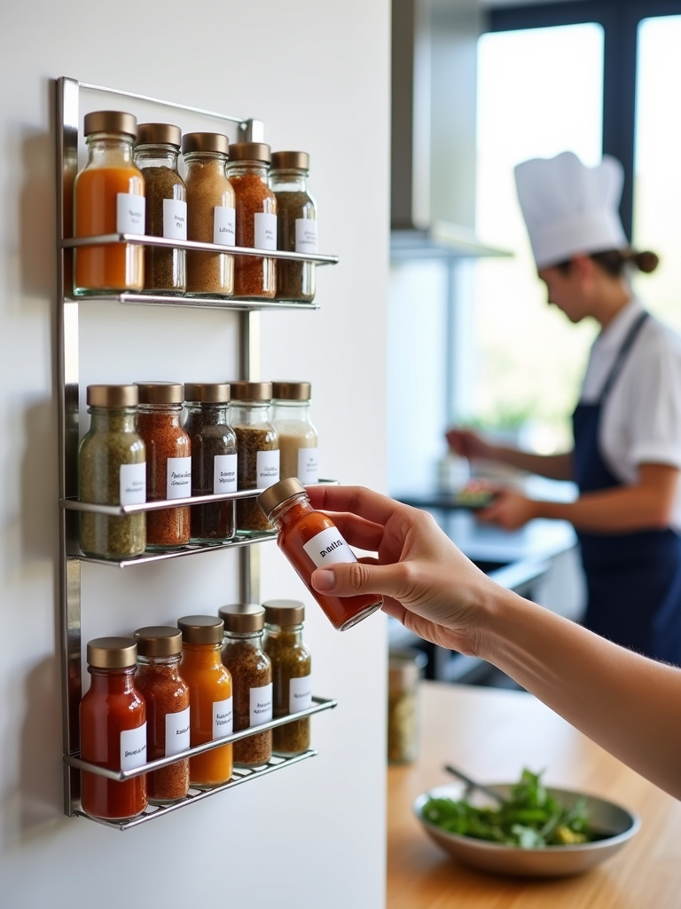 Mounted spice rack on kitchen wall with labeled spice jars.