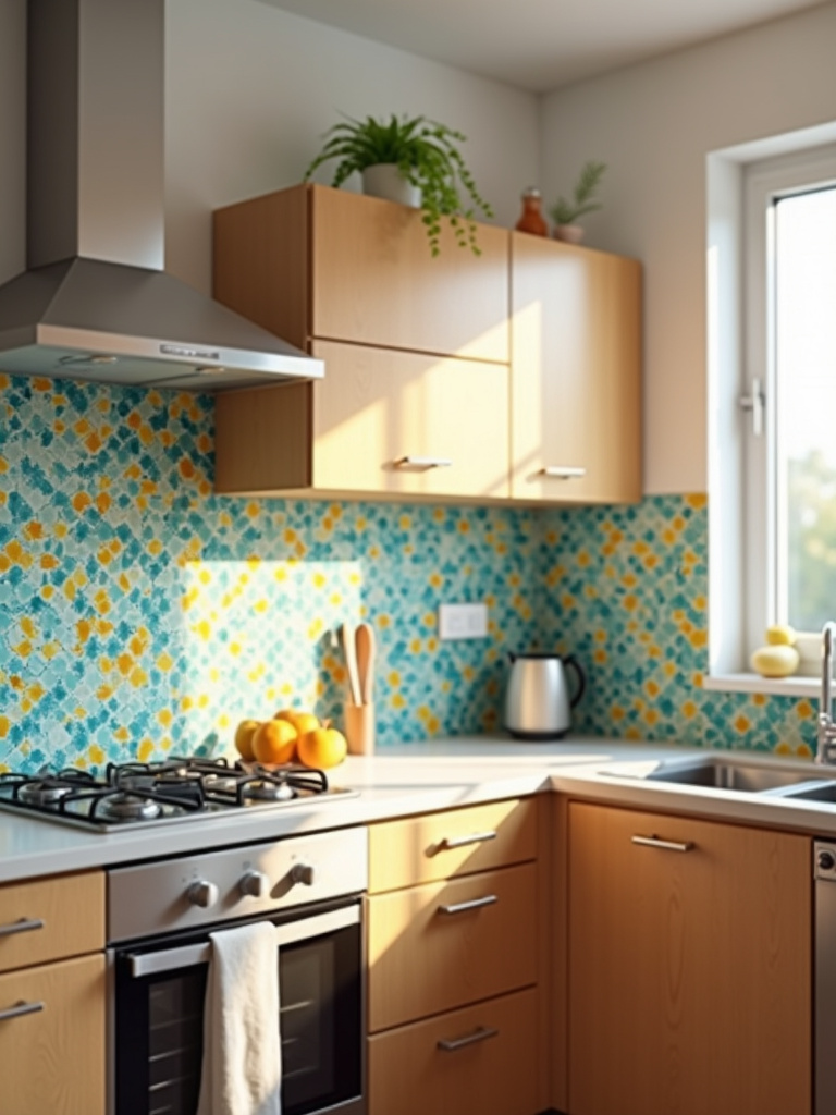 Apartment kitchen with bold geometric tile backsplash