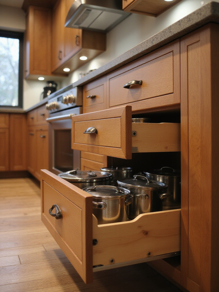 Close-up of high-quality kitchen cabinet features including soft-close drawers, dovetail joints, and pull-out shelves.