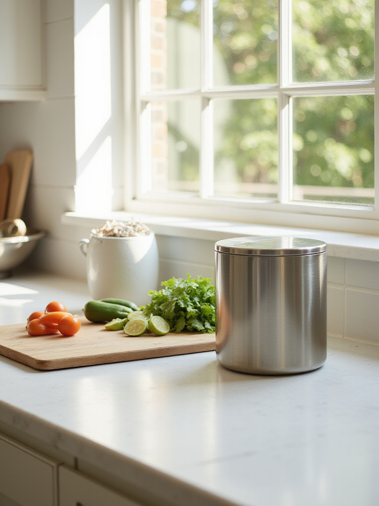 Modern kitchen countertop with stainless steel compost bin and vegetable scraps.