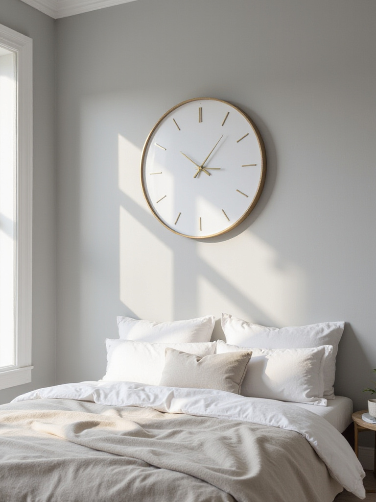 Bedroom interior with a large brass statement clock as the focal point above the bed.