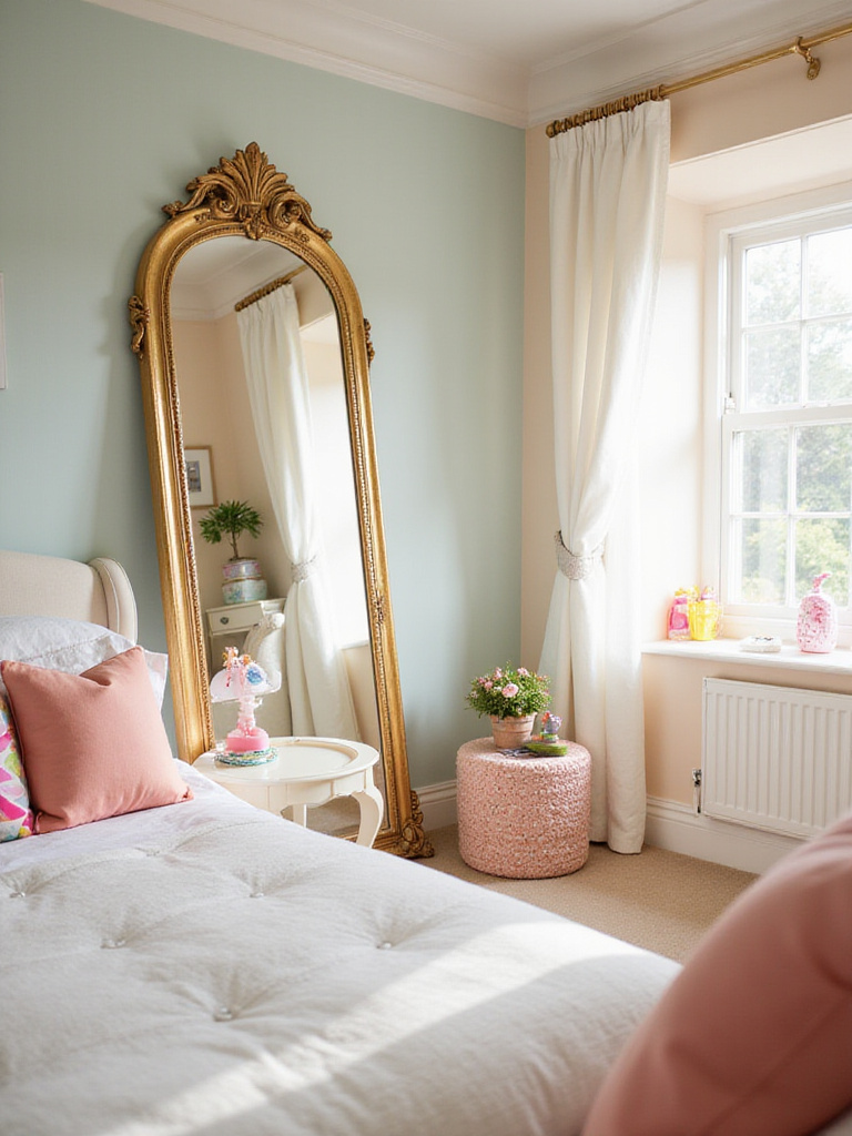 Girl's bedroom with a large statement mirror reflecting light and adding glamour.