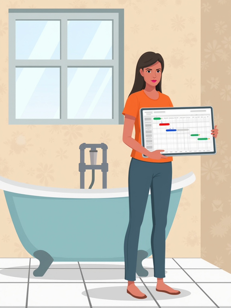 Woman using a digital Gantt chart to plan her bathroom renovation timeline.