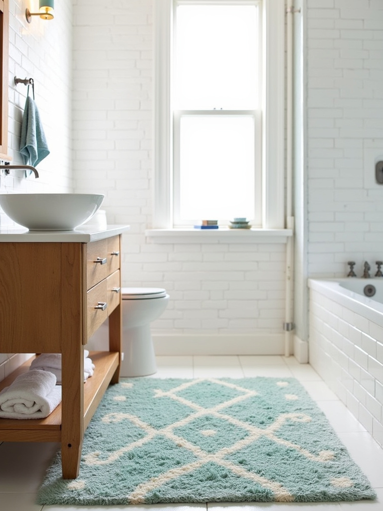 Bathroom with white subway tile, wooden vanity, and a teal and cream Moroccan rug.