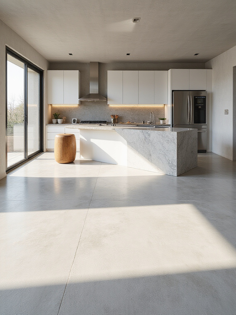 Luxury kitchen with polished concrete floor and underfloor heating.