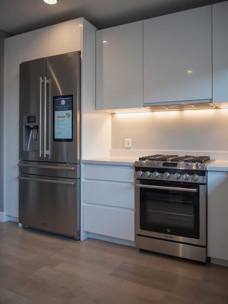 Modern kitchen with integrated smart refrigerator and oven