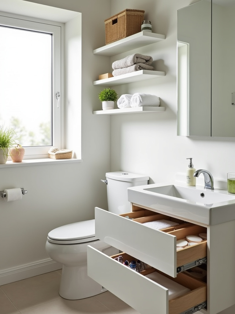 Bathroom renovation: Clever storage solutions maximizing space in a modern bathroom.
