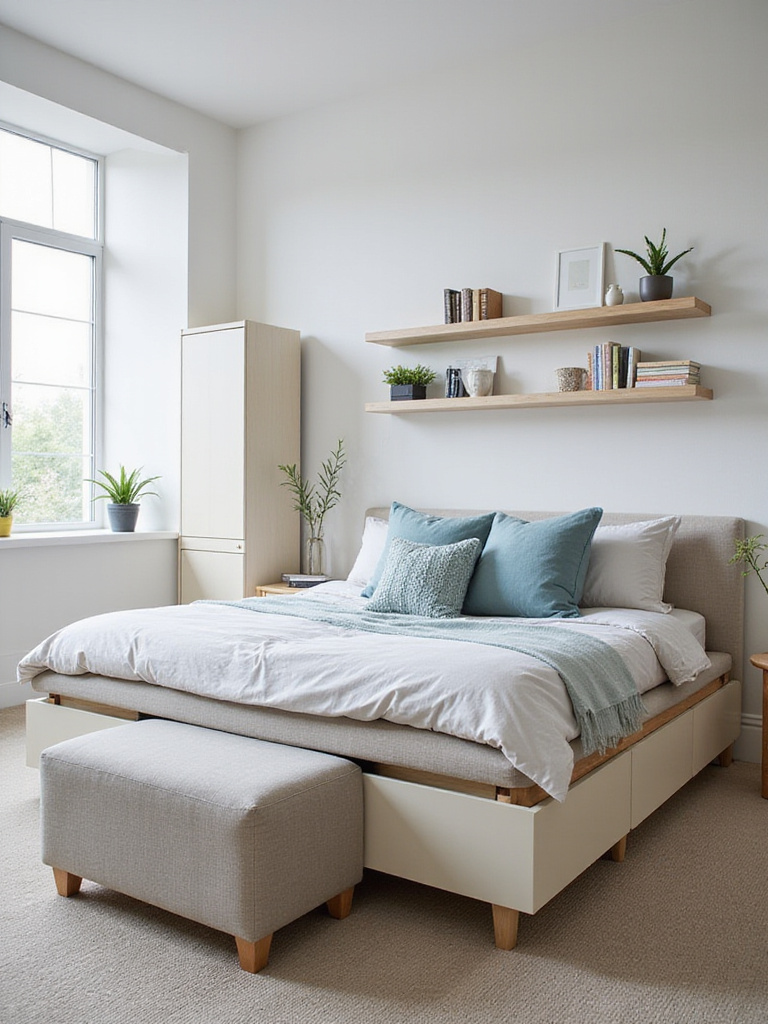 Bedroom featuring smart storage solutions including under-bed drawers, floating shelves, and an ottoman with hidden storage.