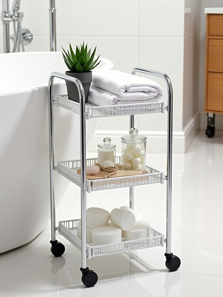Rolling bathroom cart with towels, toiletries, and toilet paper for space-saving storage
