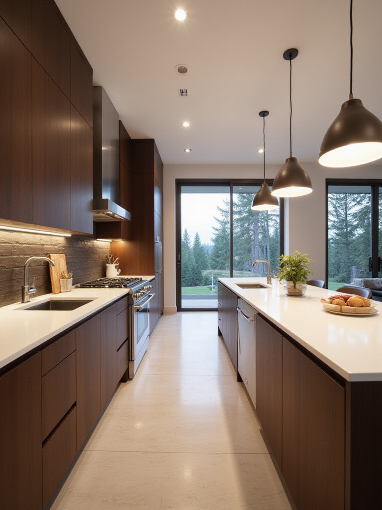 Modern kitchen design featuring streamlined brown cabinetry and a waterfall island.