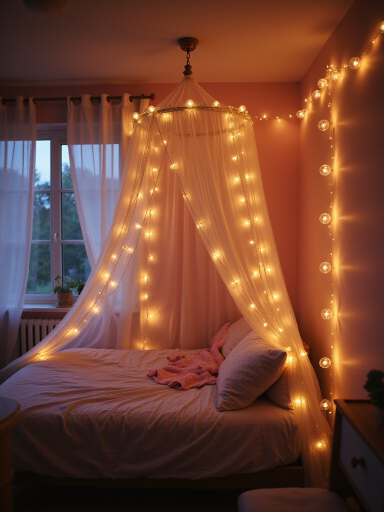 Girl's bedroom decor with string lights creating a warm and magical ambiance.