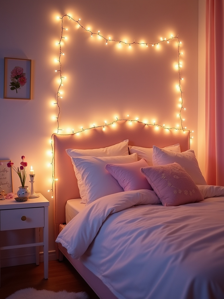 Whimsical teen bedroom with string lights draped across headboard and ceiling, creating a magical atmosphere.