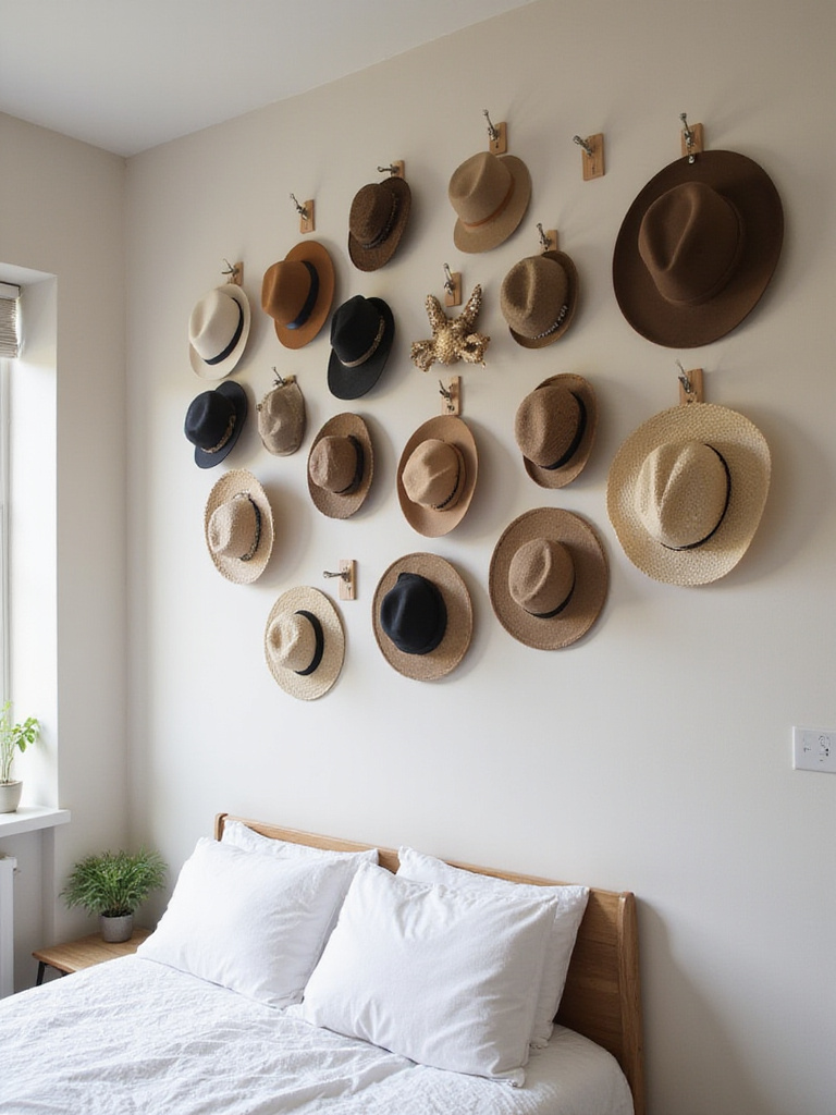 Bedroom wall decor featuring a stylish hat collection display.