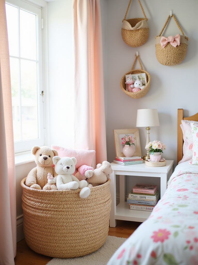 Stylish storage baskets organizing toys, books, and accessories in a girl's bedroom