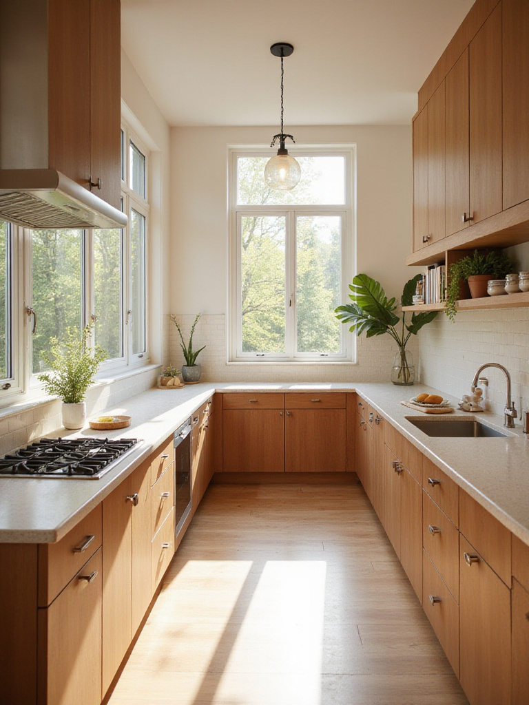 Sun-drenched brown kitchen with large windows and light countertops