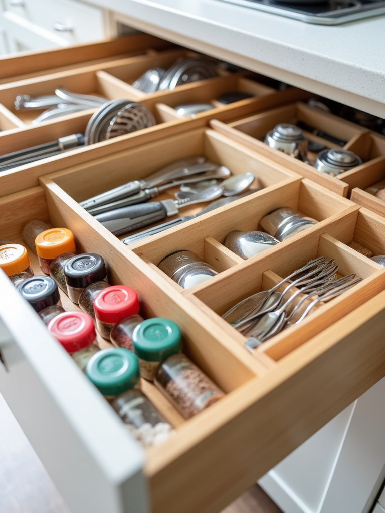 Organized kitchen drawer with bamboo utensil tray, adjustable dividers for cooking tools, and tiered spice rack.