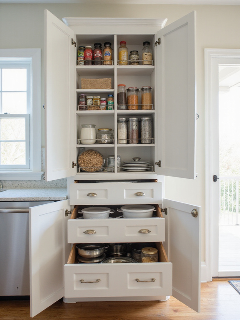 Organized kitchen cabinet interior with spice rack, pull-out drawers, and clear containers.