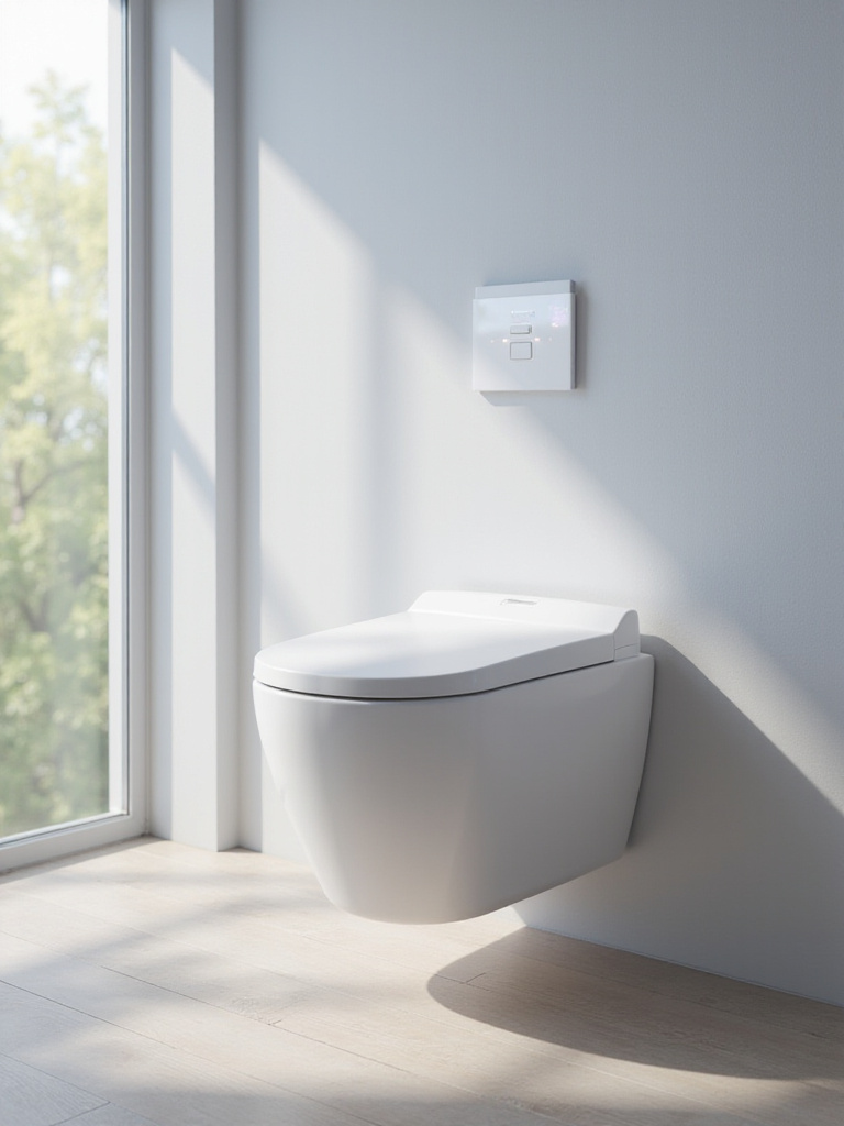 Modern bathroom featuring a sleek, white, wall-mounted smart toilet with integrated bidet.