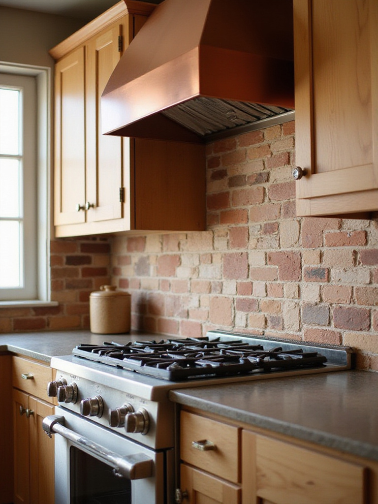Rustic kitchen with terracotta tile backsplash and natural wood cabinets