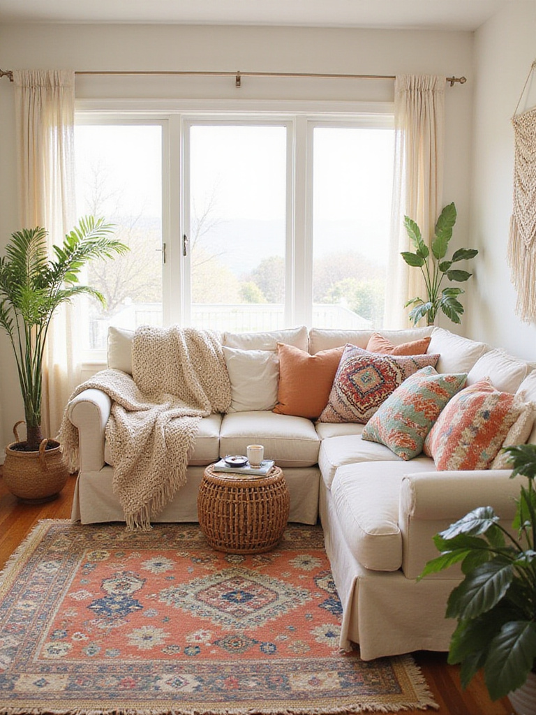 Boho living room featuring layered rugs, patterned pillows, and a macrame wall hanging.