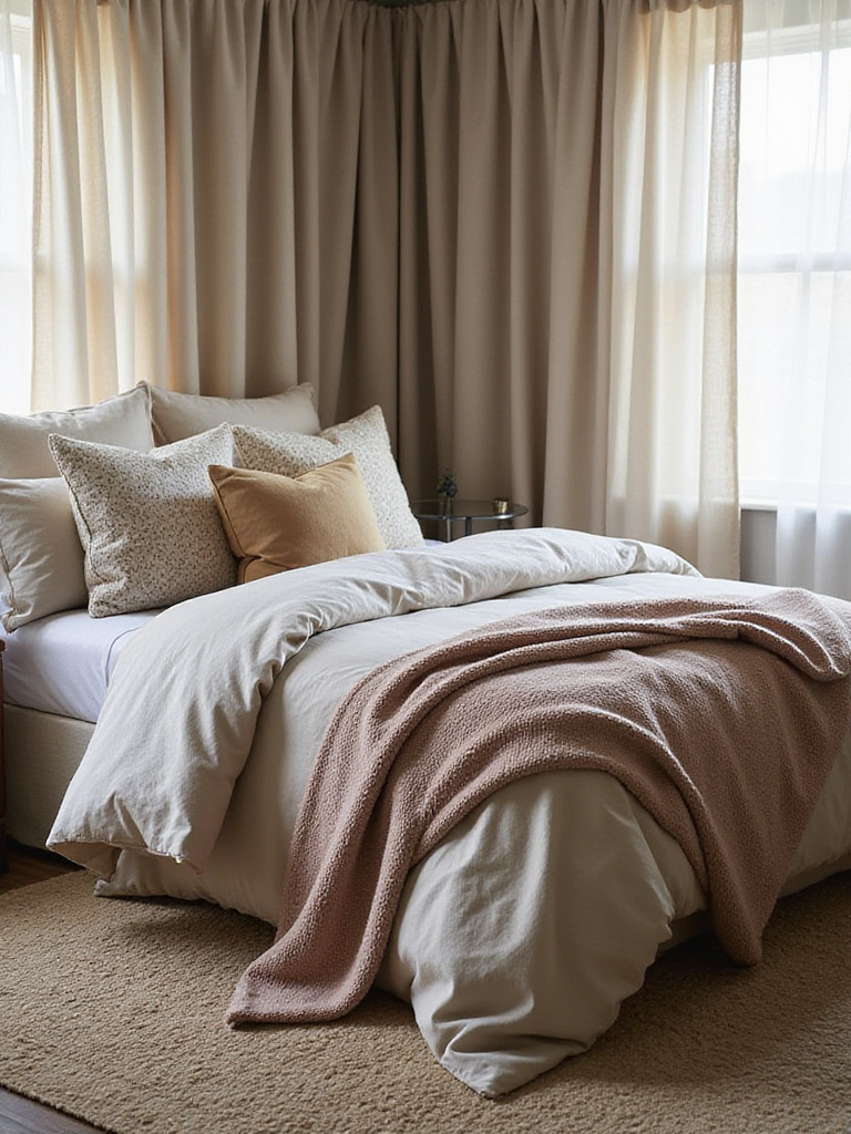 Bedroom textiles featuring linen duvet, velvet throw, patterned pillows, and sheer curtains.