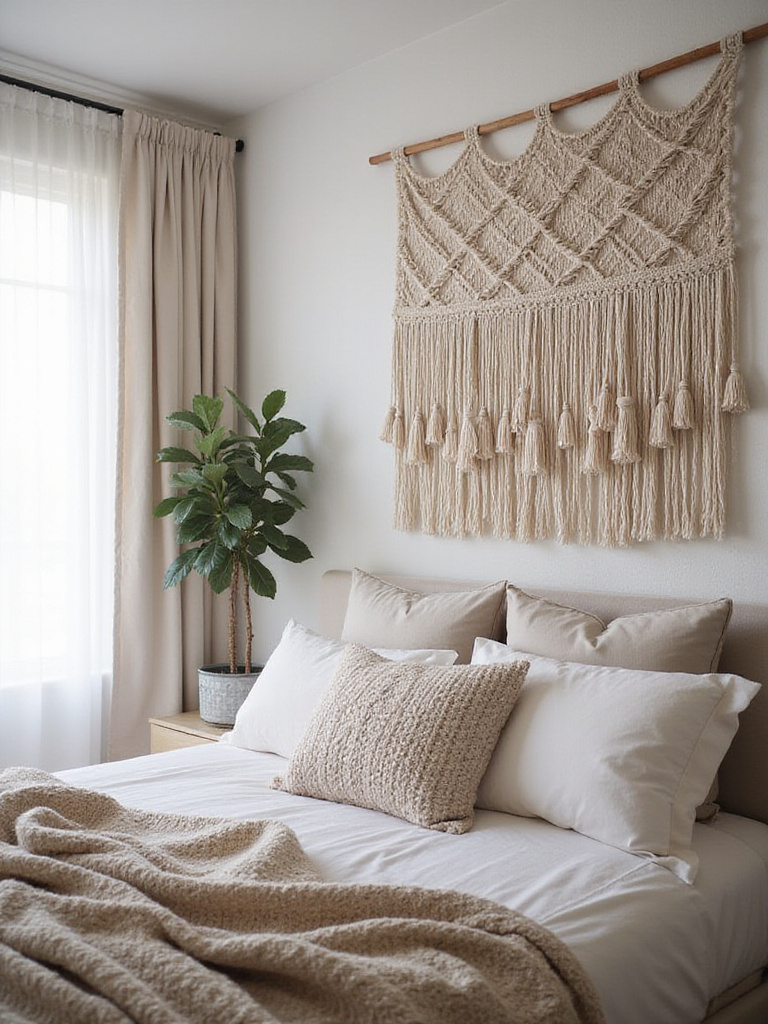 Bohemian bedroom with macrame tapestry headboard