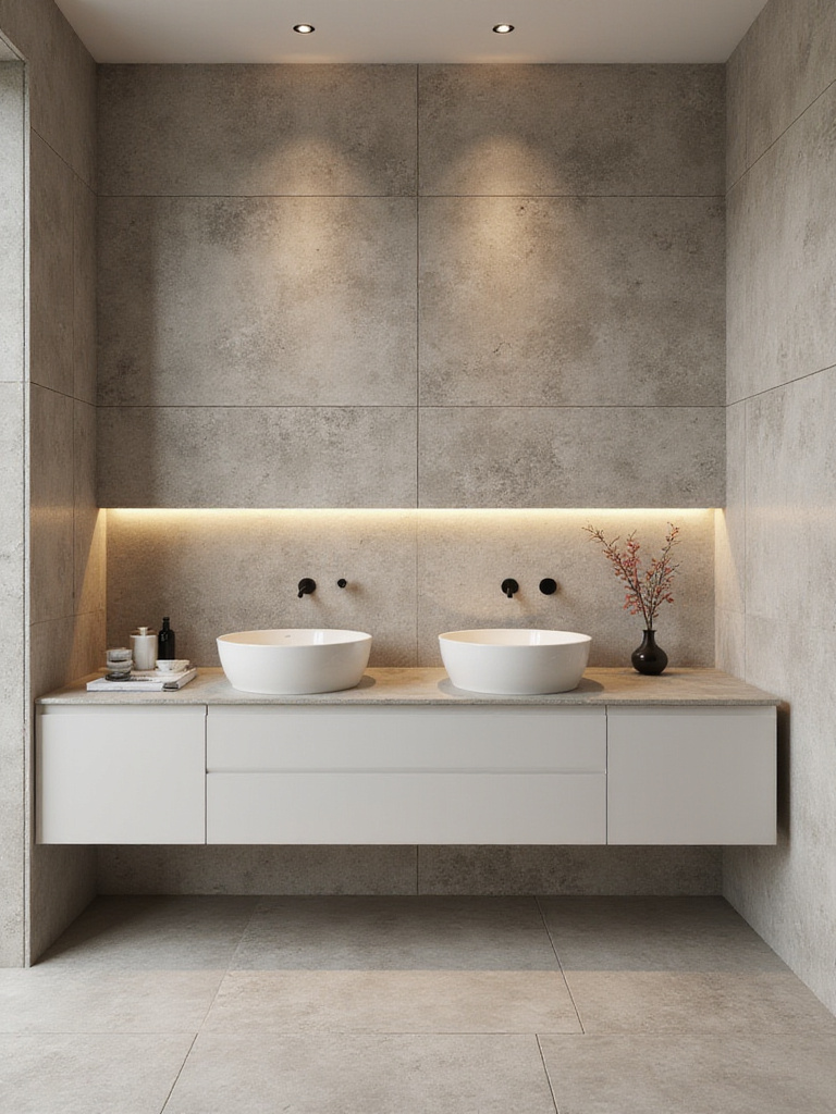 Modern bathroom with textured stone-look tile accent wall