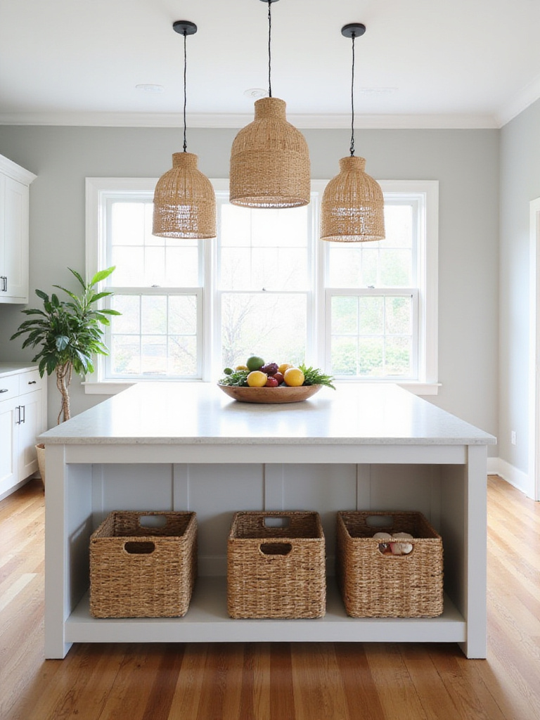 Kitchen island decorated with woven seagrass baskets and rattan pendant lights.