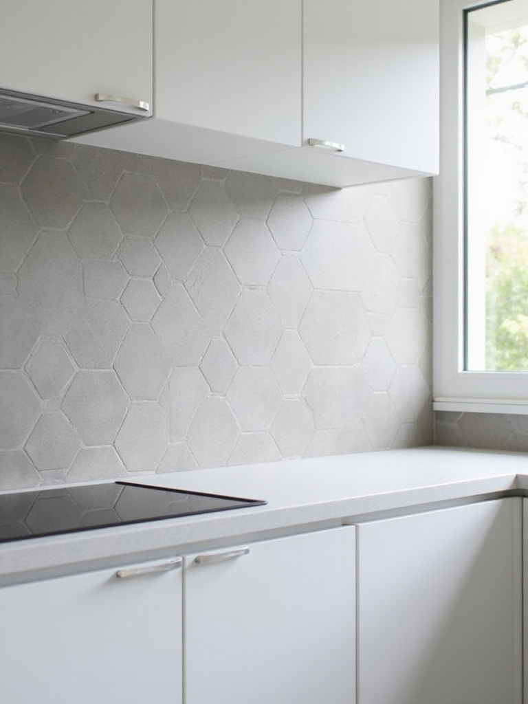 Modern kitchen with light gray textured backsplash tiles