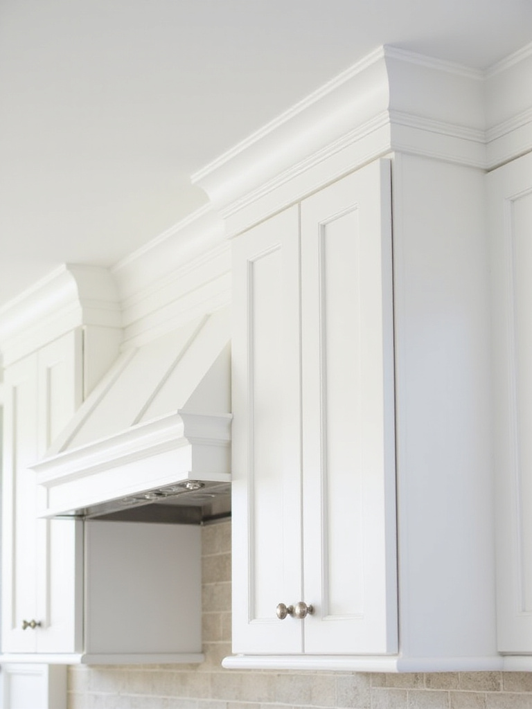 White shaker kitchen cabinets with matching crown molding.