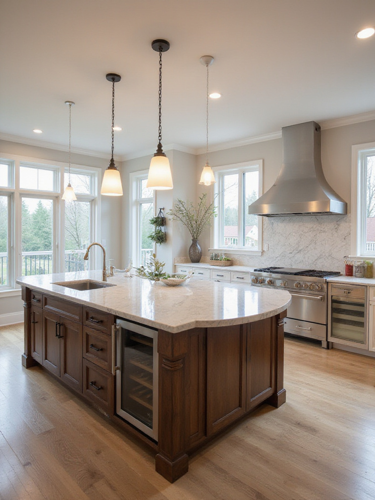 Luxury kitchen with a grand kitchen island featuring a waterfall edge marble countertop.