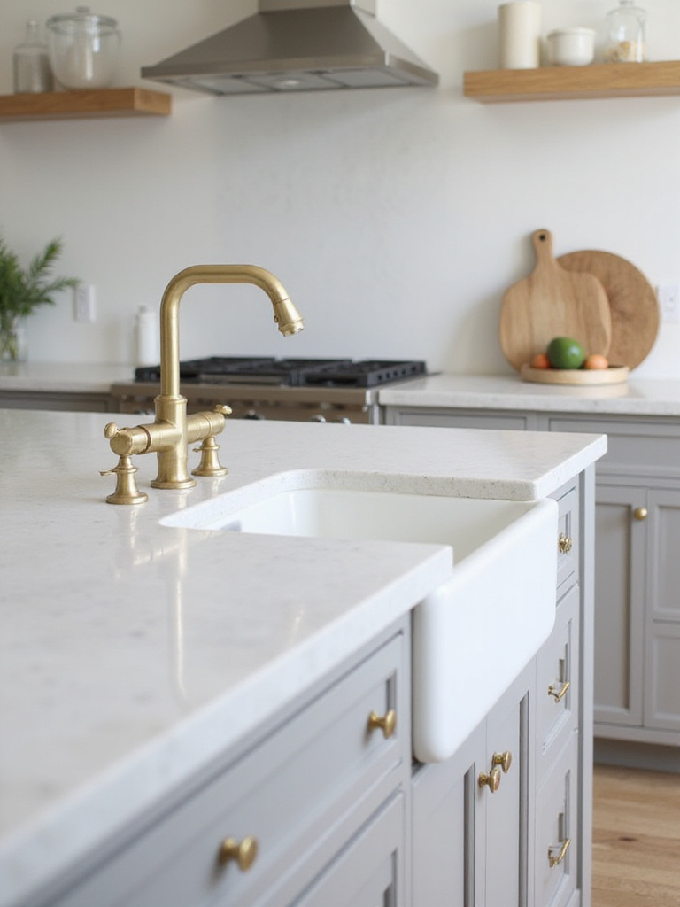 Luxury kitchen island featuring a white fireclay sink and brushed gold faucet.