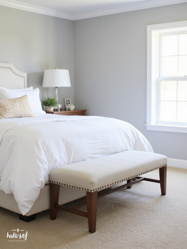 Bedroom with king-sized bed and upholstered bench at the foot.