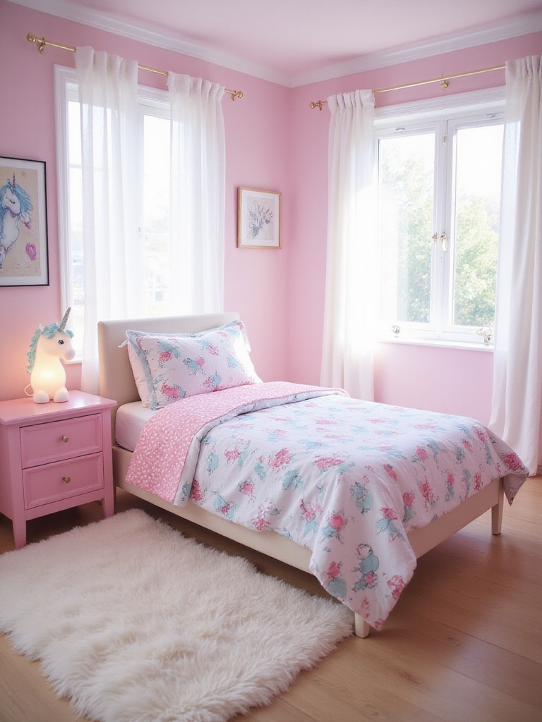 Unicorn themed bedding in a pastel pink girl's bedroom