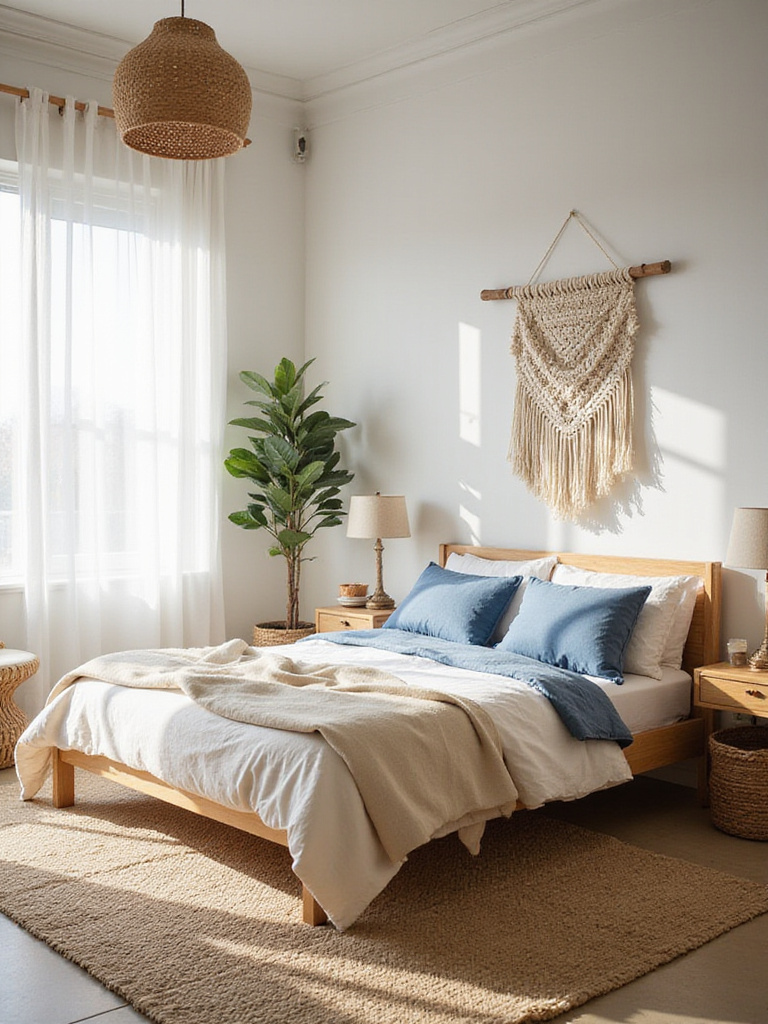 Bohemian coastal bedroom decor with light wood bed and macrame wall hanging