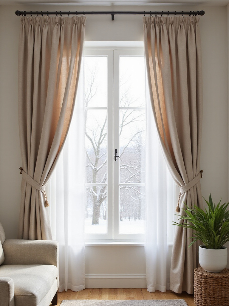 Insulated curtains in a living room, demonstrating thermal comfort and energy savings.