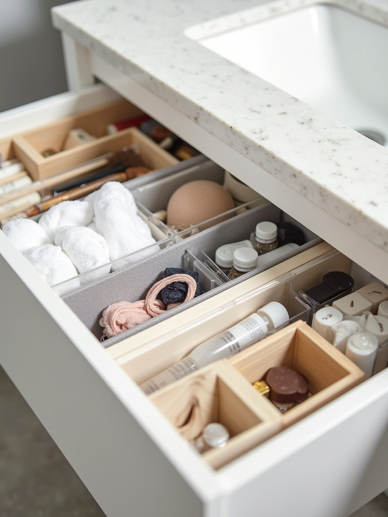 Organized bathroom drawer with acrylic, bamboo, and fabric dividers separating makeup, skincare, and toiletries.