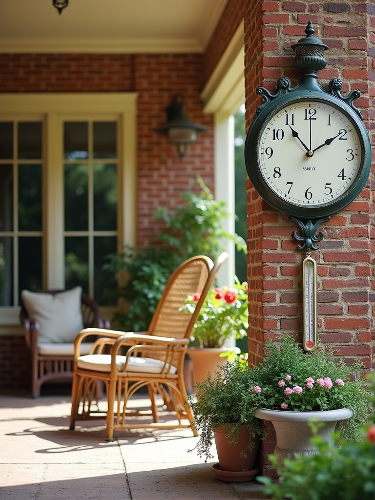 Outdoor porch decor featuring a vintage clock and decorative thermometer for functional style.