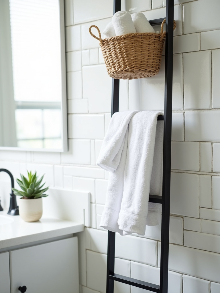 Stylish bathroom with a black metal ladder used as a towel rack.