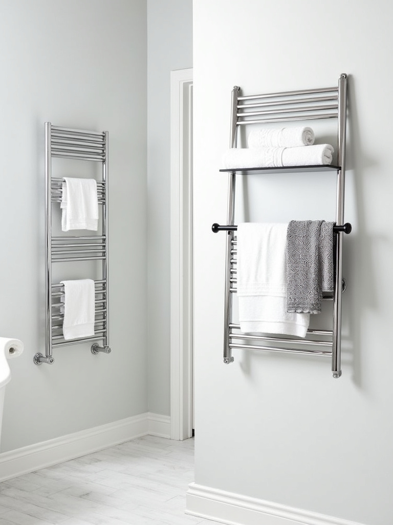 Elegant bathroom with chrome heated towel rack, ladder towel rack, and wall-mounted shelf with towel bar for stylish towel storage.