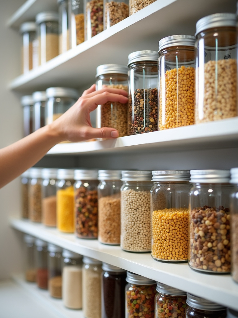 Organized pantry with matching glass jars and smart labels