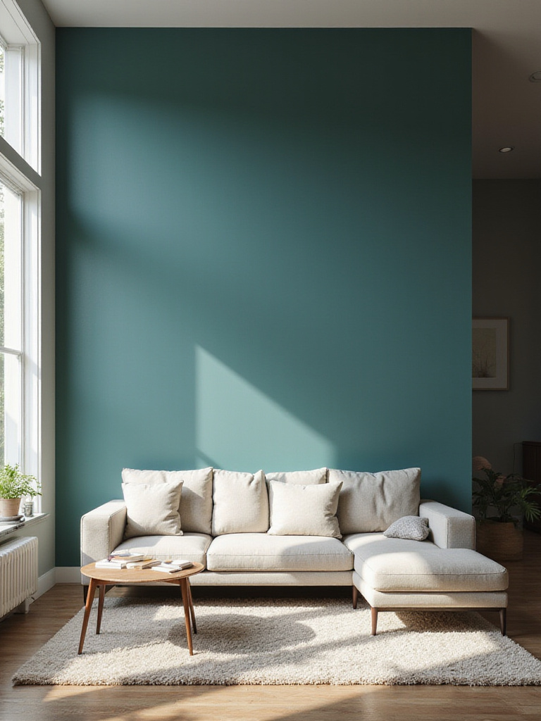 Modern living room featuring a dramatic teal accent wall.
