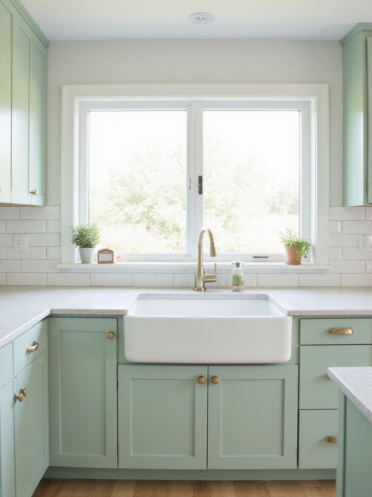 Kitchen with newly painted sage green cabinets and warm white walls