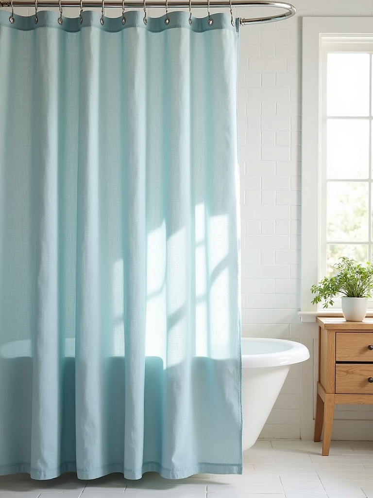 Modern bathroom with a stunning blue linen shower curtain.