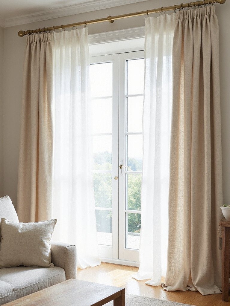 Modern living room with layered linen curtains in beige and white.