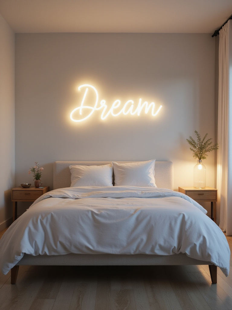 Modern bedroom with a 'Dream' neon sign above the bed